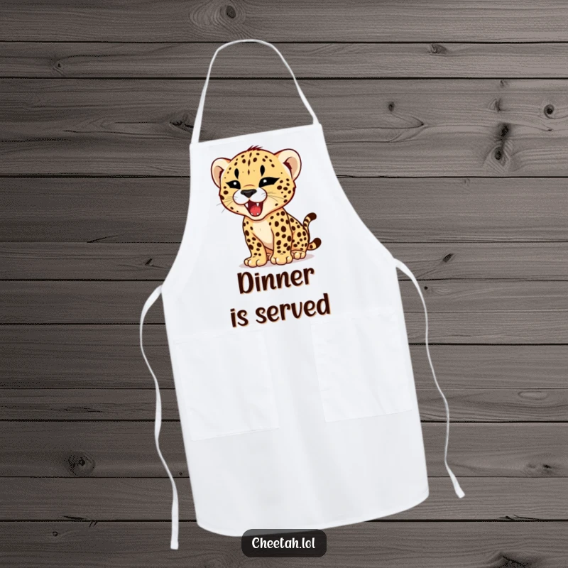 Funny apron showcasing a cheetah cub practicing its roar with a tiny, fierce expression, bringing humorous ferocity to the kitchen.