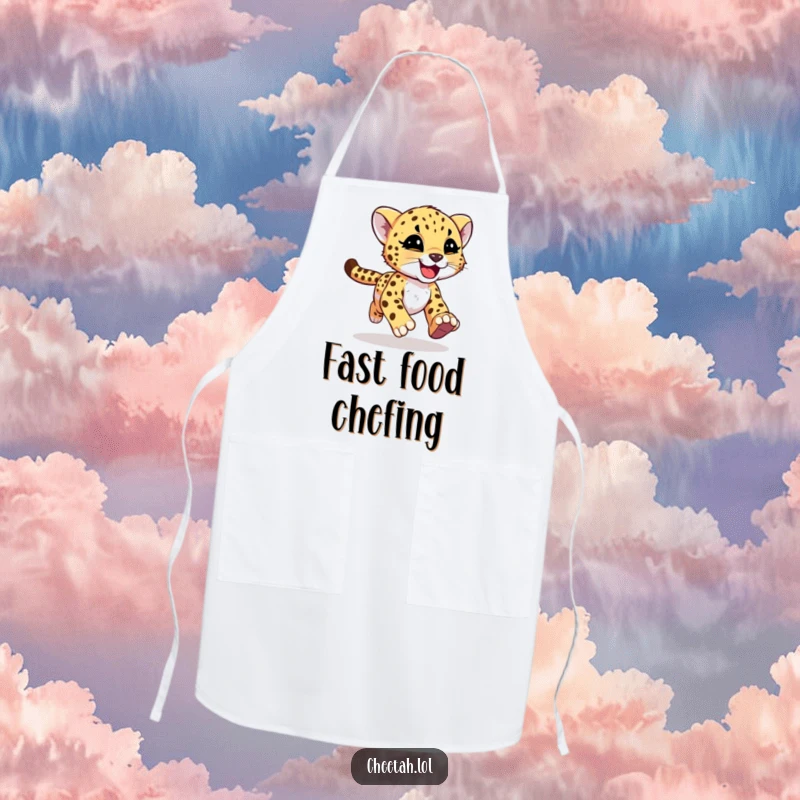 Funny cheetah cub with motion streaks running on a kitchen apron, adding Zest for screen readers.