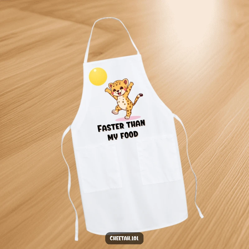 Funny cheetah cub apron, mid-cartwheel while cooking, under a sunny sky, bringing athletic cheer and playful vibes to the kitchen.