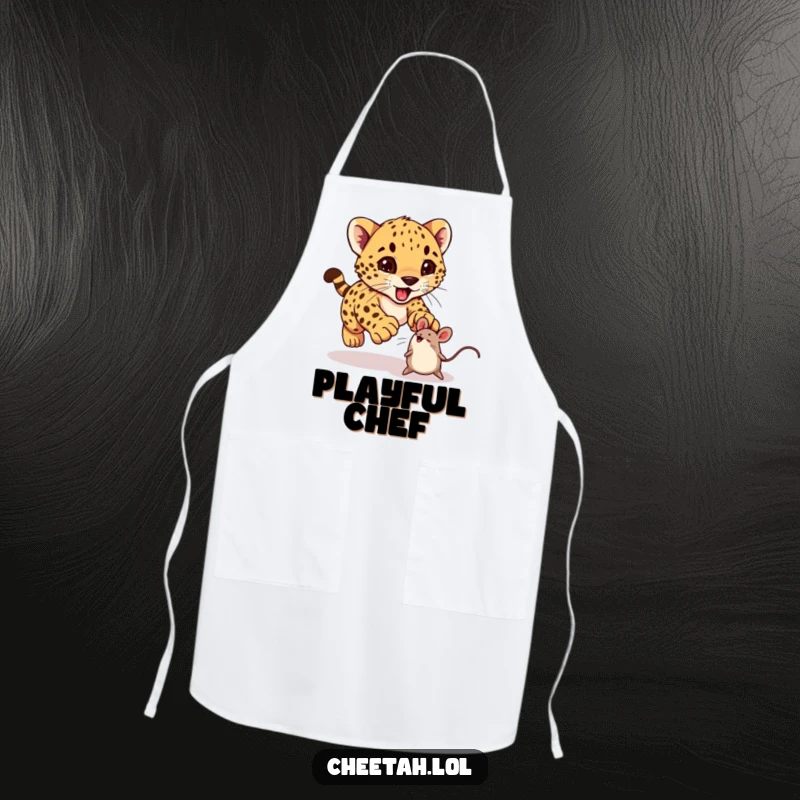 Funny cheetah cub excitedly pouncing on a bouncing toy mouse on an apron, ideal for cooks.
