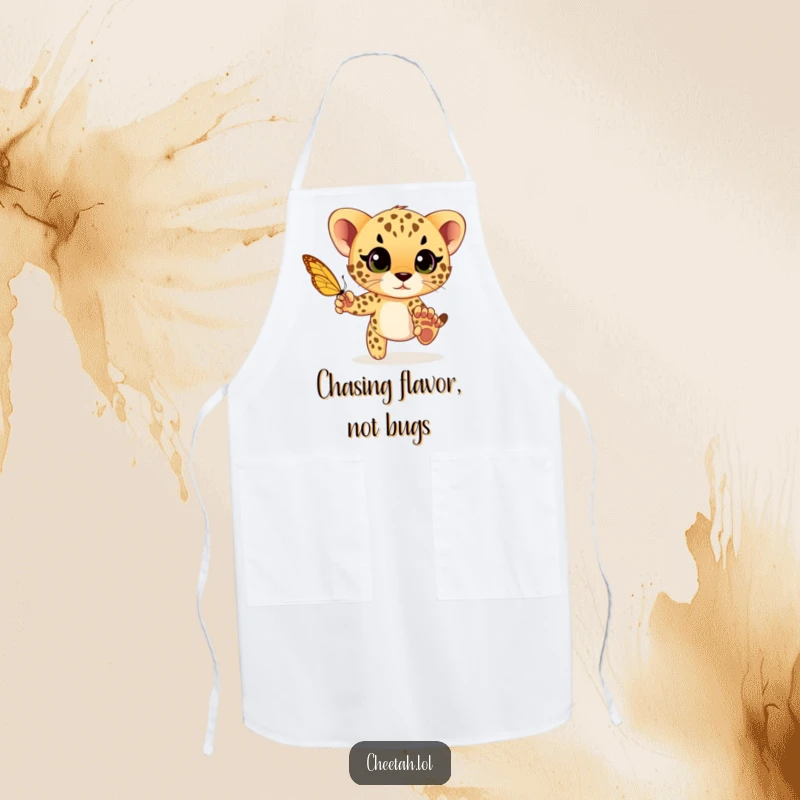 Funny cheetah cub playfully chasing a butterfly with wide eyes, a humorous and practical apron for playful cooks.