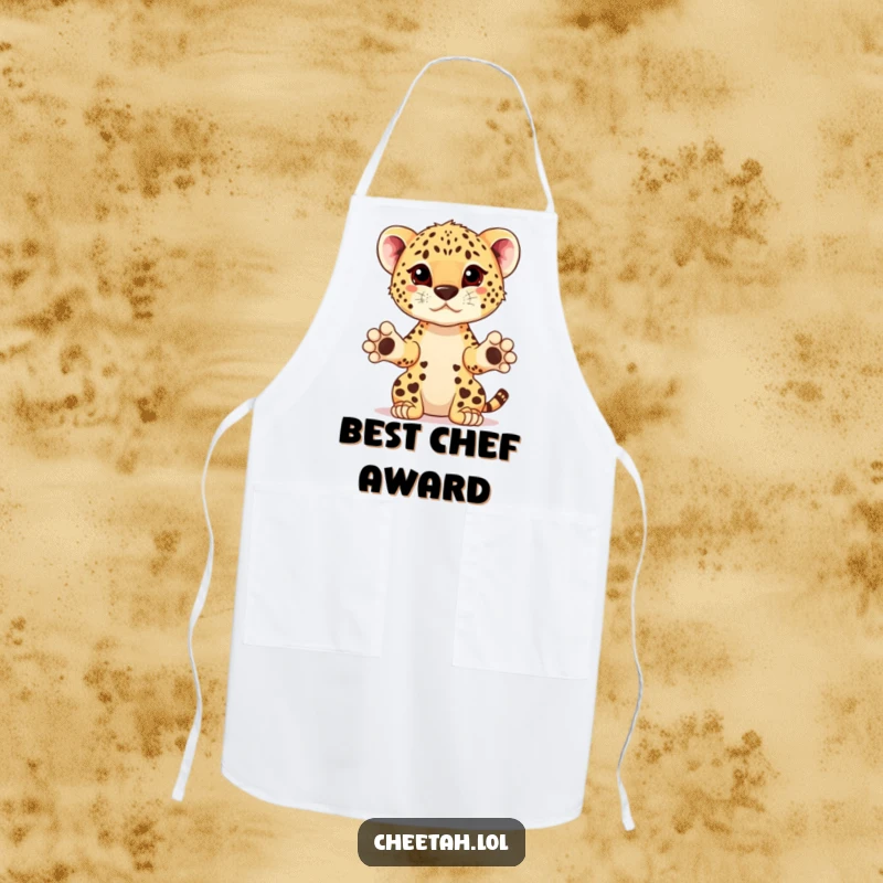 Funny cheetah cub with paws extended, presenting a prize on an apron, perfect for a winning cook.