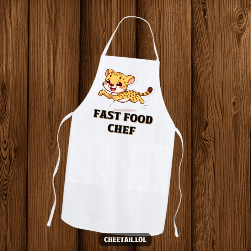 Funny smiling cheetah sprinting with effortless grace on an apron, ideal for cooks.