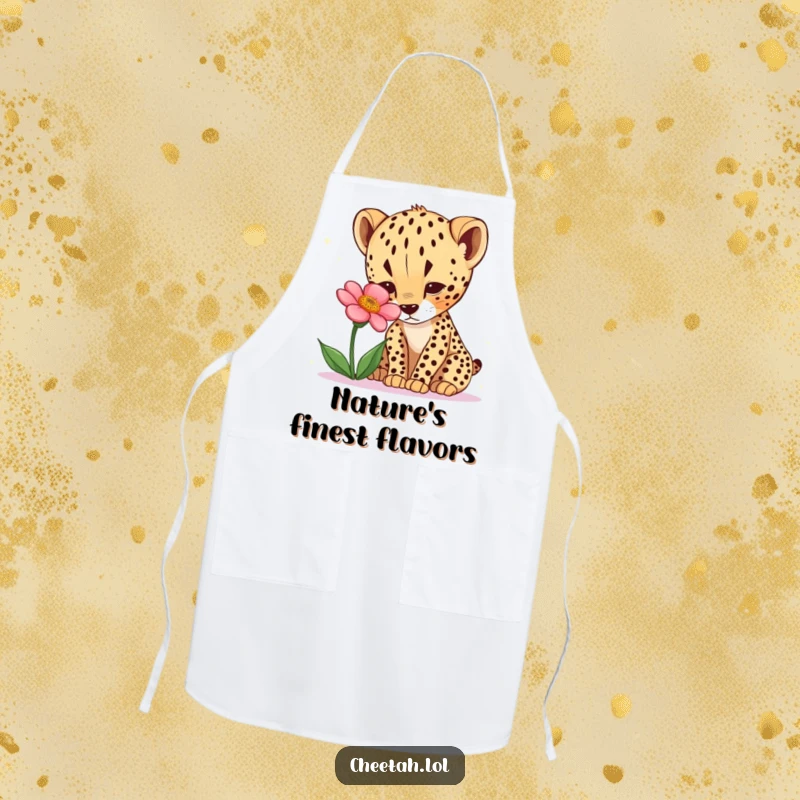 Funny cheetah cub apron with a curious cub exploring a desert flower. Kitchen humor.