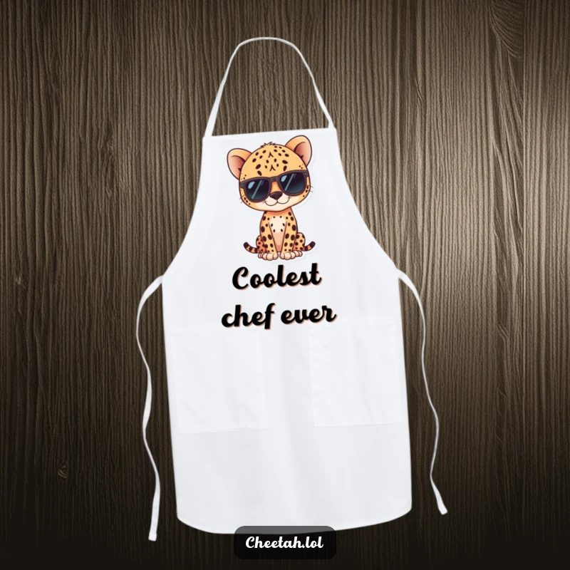 Funny kawaii cheetah wearing sunglasses, posing confidently on an apron, ideal for cooks.