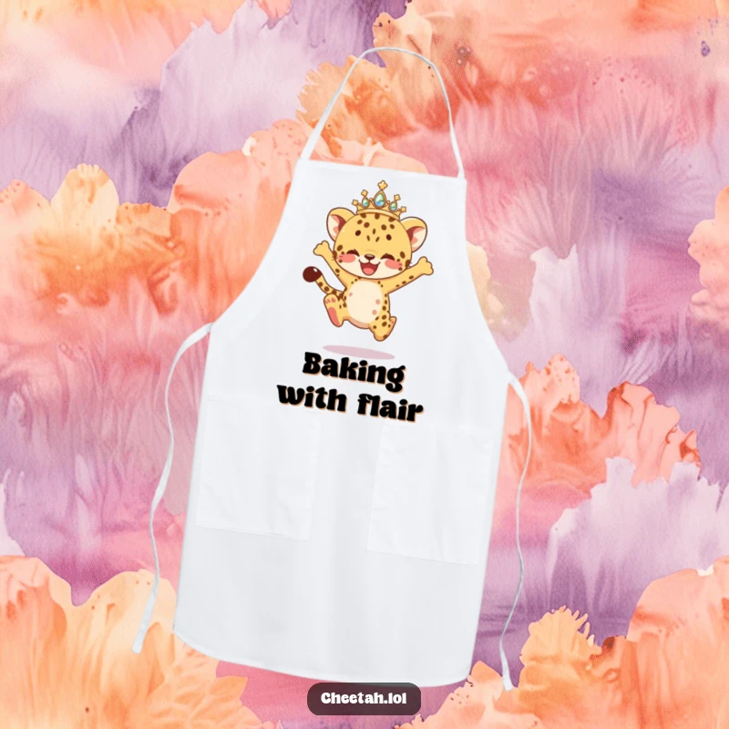 Funny Apron showcasing a cheetah cub wearing a sparkling tiara, captured in a lively leap, ready to add joy and humor to cooking.