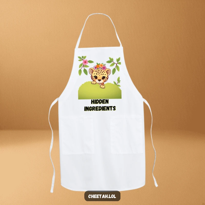 Funny mischievous cheetah cub wearing a floral crown peeking, this apron brings playful humor to cooking.