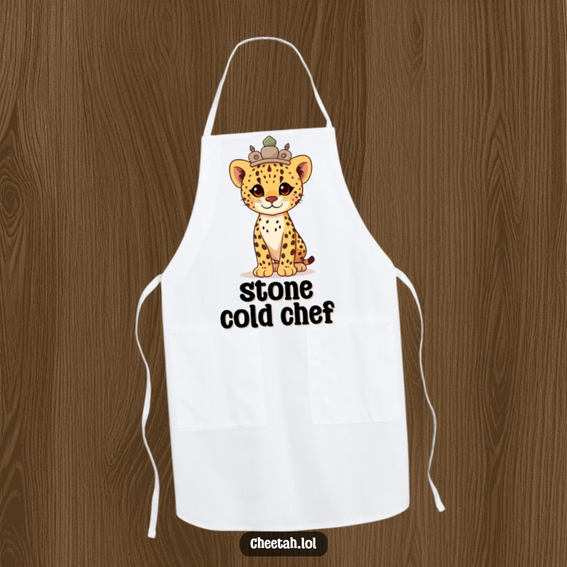 Funny proud cheetah cub wearing a stone crown, standing tall, this apron brings regal charm to cooking.