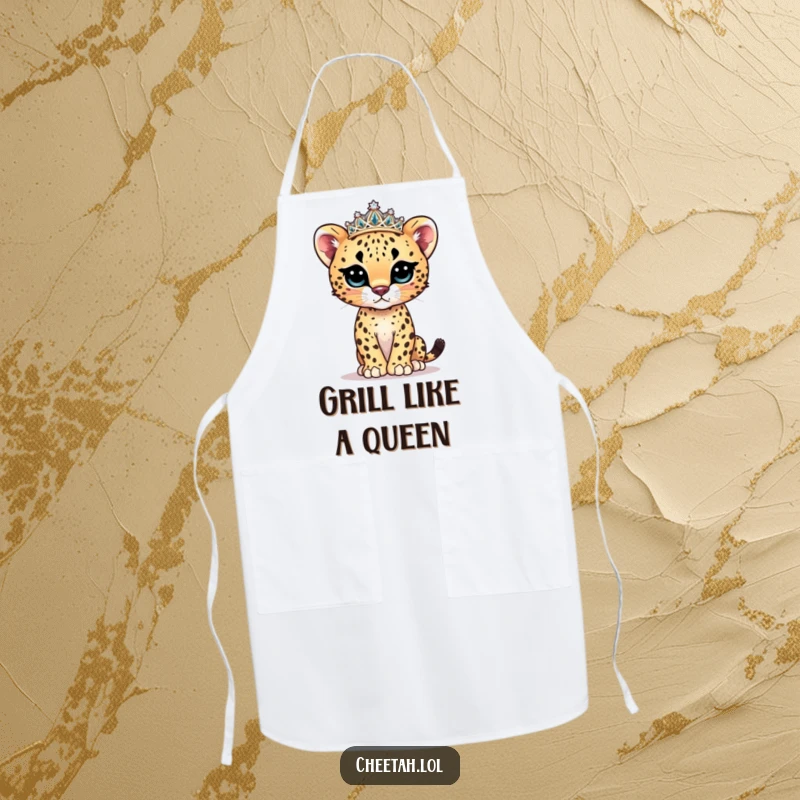 Funny cheetah cub model apron featuring a cute cub in a sparkly tiara, striking a pose in the kitchen.