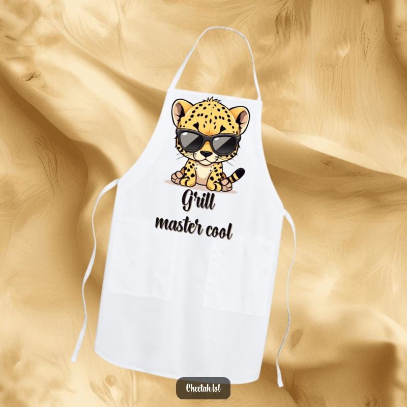 Funny cheetah cub apron showing a cool cub wearing oversized sunglasses, great for cooking and baking.