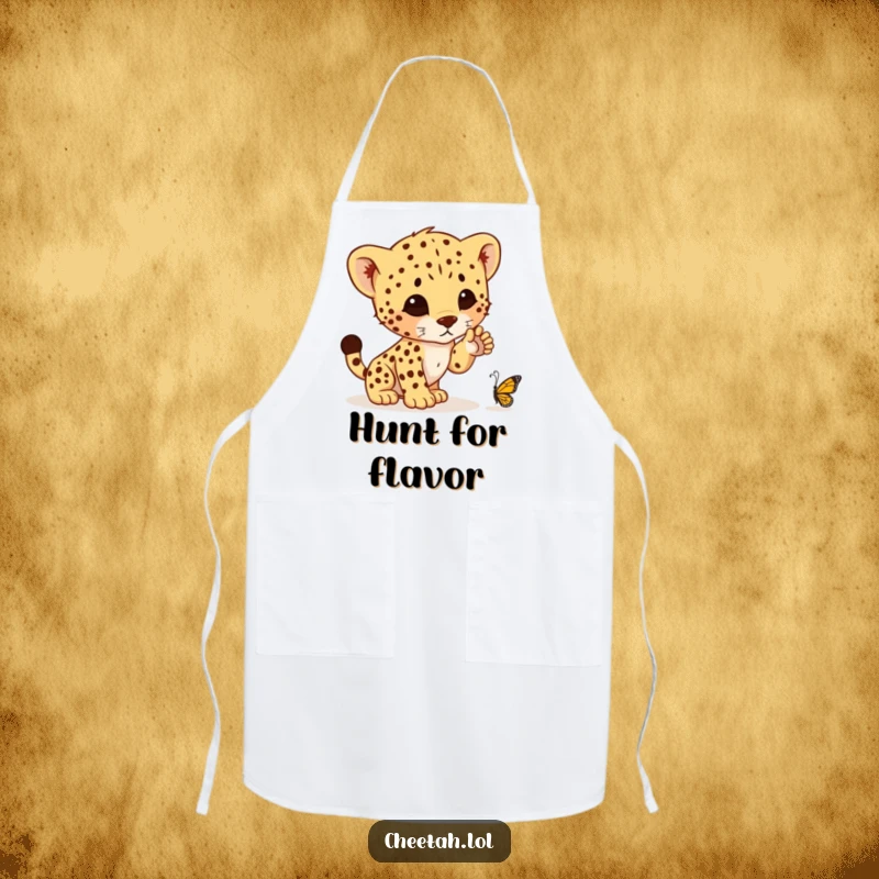 Funny apron showing a cheetah cub comically poised to pounce on a butterfly while cooking, bringing playful energy to the kitchen.