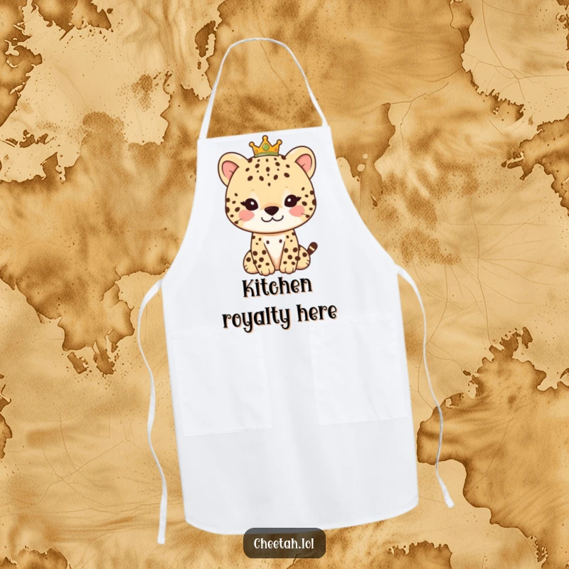 Funny kitchen apron featuring a gentle cheetah character with a small smile and a tiny crown, perfect for cooking with flair.