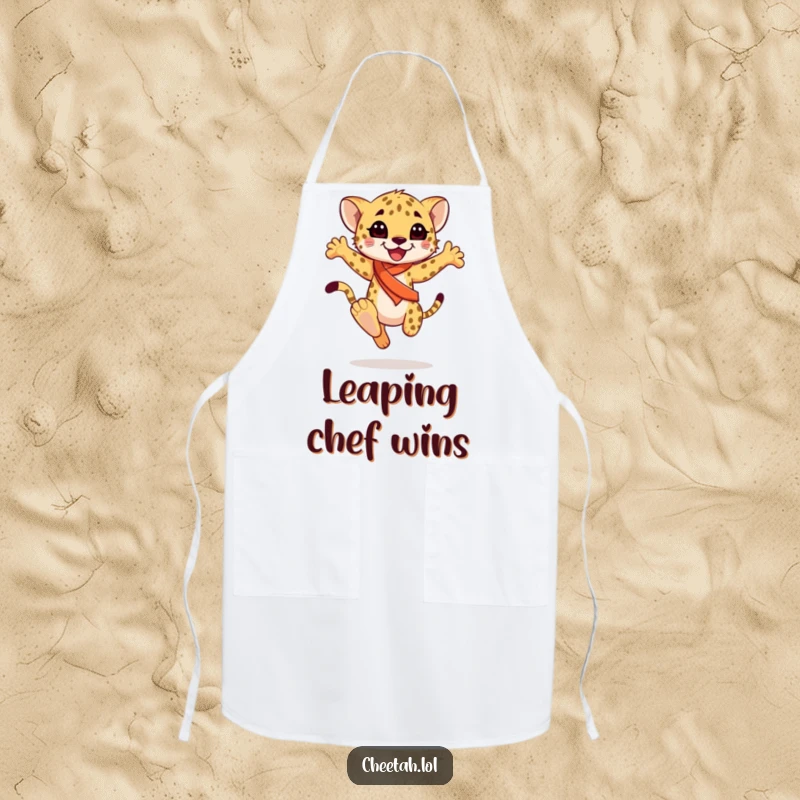 Funny happy cheetah cub wearing a sash, performing a graceful leap, on a durable apron, adding flair to cooking, a great funny gift.