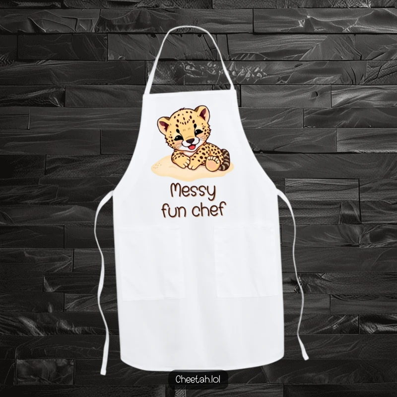 Funny Cheetah Cub Apron: A fun apron featuring a cheetah cub gleefully rolling in the sand, ready for kitchen adventures.
