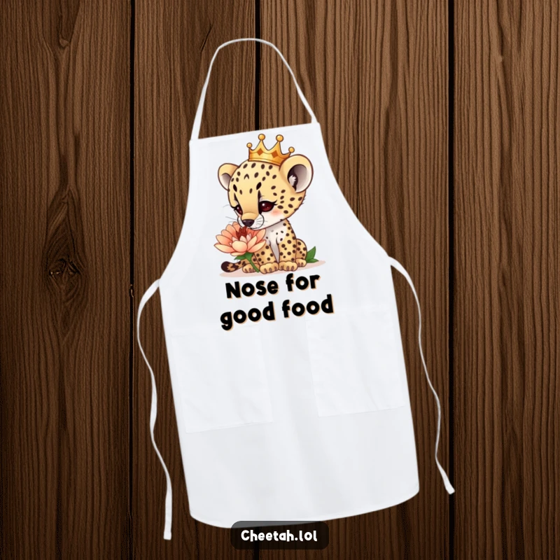 Funny curious cheetah cub wearing a tiny crown, sniffing a giant flower, on a durable apron, perfect for kitchen exploration, a great funny gift.