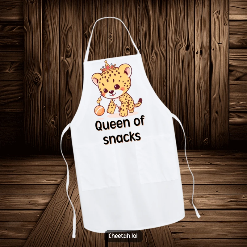 Funny cheetah cub apron showing a royal cub with a tiara, playfully chasing a toy, perfect for humorous kitchen tasks.