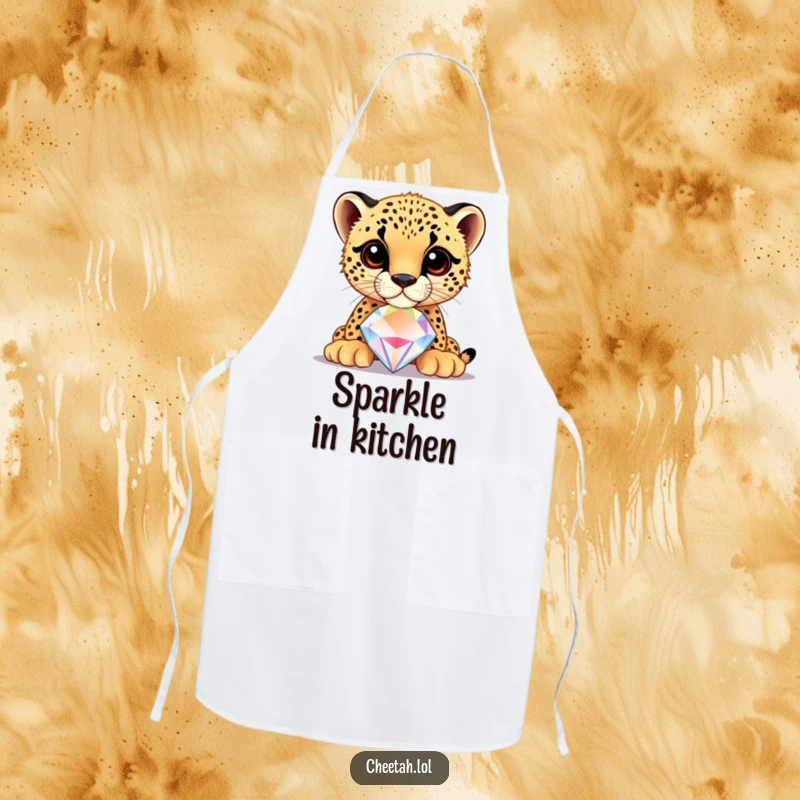 Funny cheetah cub balancing a large, shiny jewel on its nose, on a durable apron, for a stylish cook.