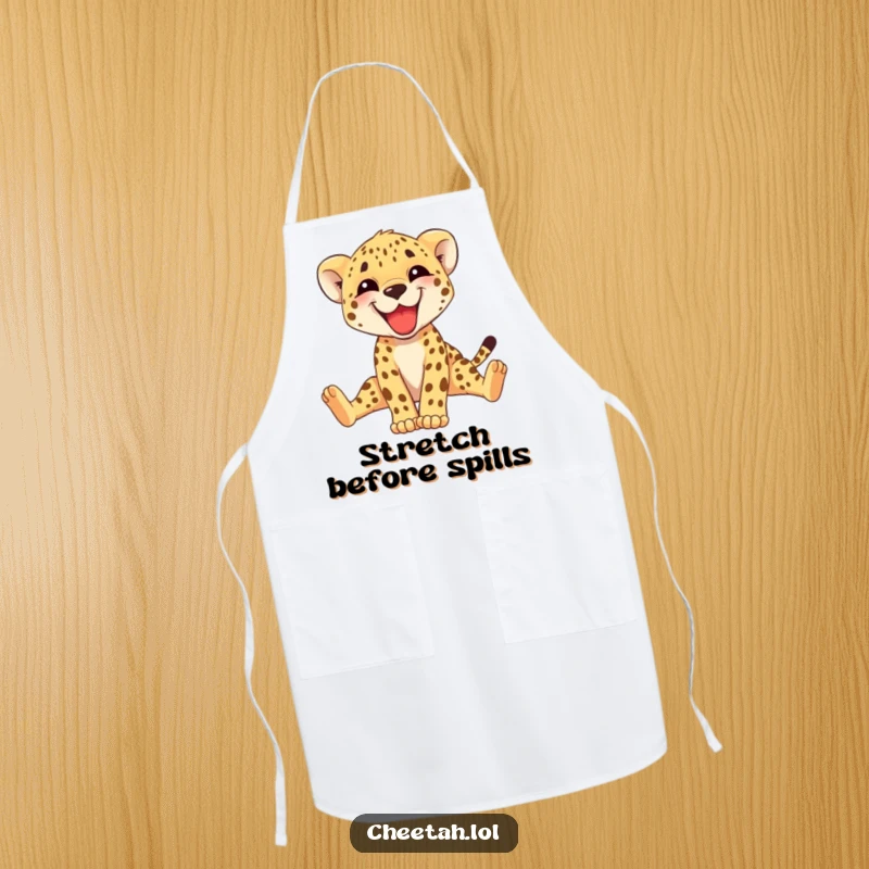 Funny cheetah cub apron, a happy cub grinning and stretching its legs, ready for kitchen adventures. A playful gift.