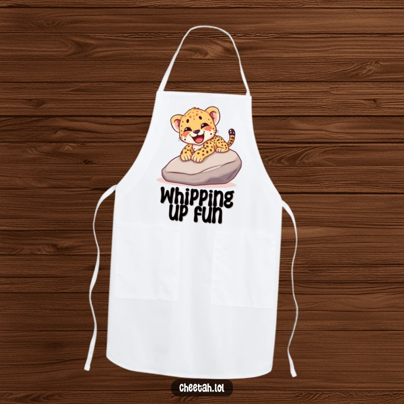 Funny apron illustrating a cheetah cub sliding down a rock with a happy yelp, bringing playful energy to cooking tasks.