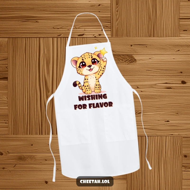 Funny kitchen apron featuring a hopeful cheetah cub with big eyes reaching for a shimmering star, perfect for cooking and baking.