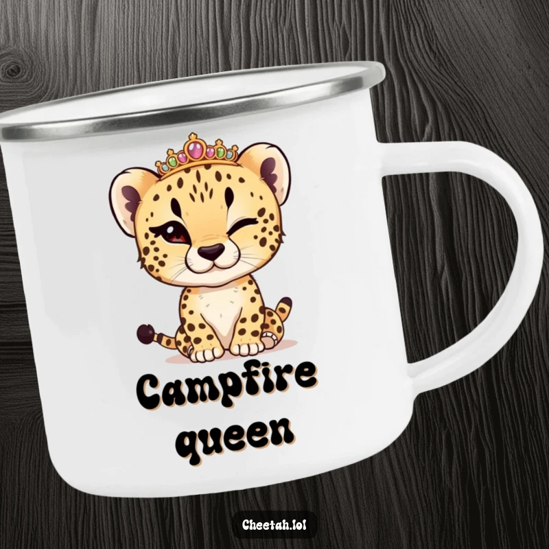 Funny cheetah cub winking, adjusting a tiny tiara, on a sturdy camping mug, ready for any adventure.