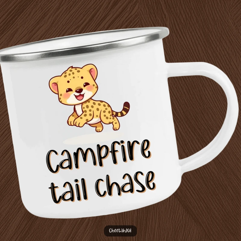 Funny cheetah cub camping mug with a smiling cub chasing its tail. Outdoor gear.
