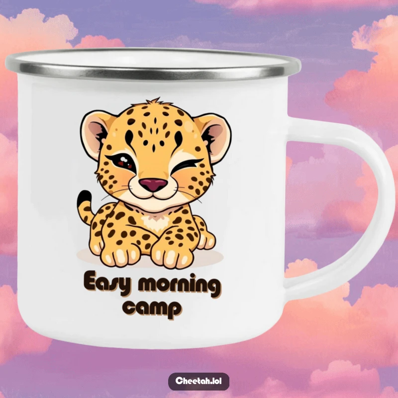 Funny cheetah cub camping mug showing a cub giving a playful wink while stretching, ideal for outdoor explorers.