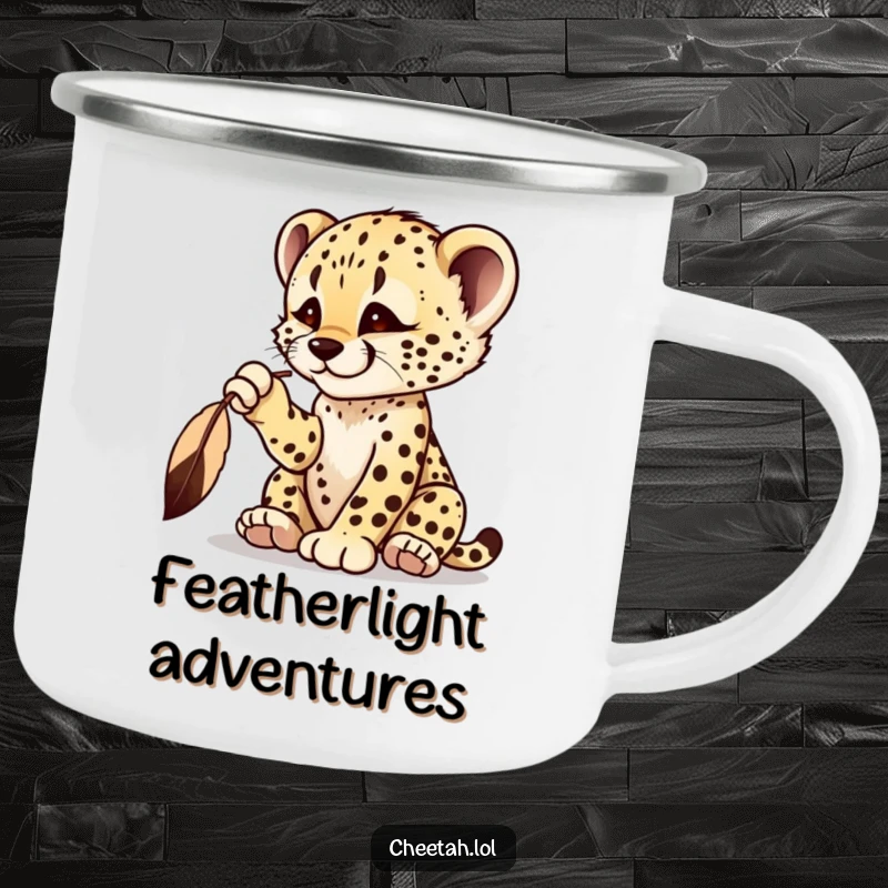 Funny cheetah cub camping mug featuring a playful cub batting at a dangling feather, ready for the outdoors.