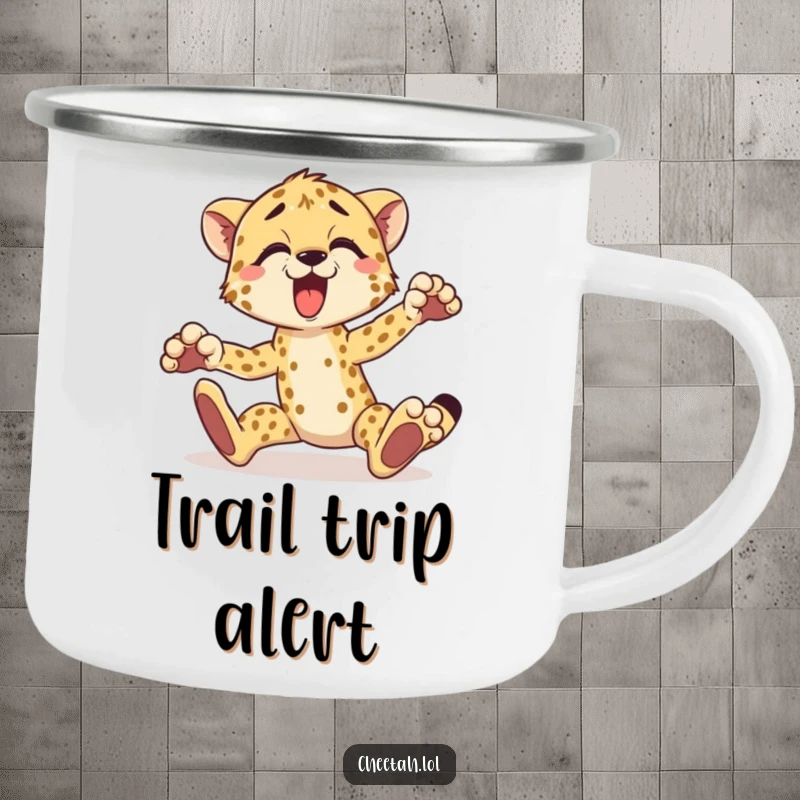Funny cheetah camping mug with a surprised cheetah tripping over its paws, perfect for outdoor enthusiasts.