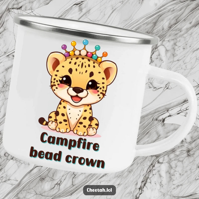 Funny giggling cheetah cub wearing a crown of colorful beads, on a sturdy camping mug, for joyful adventures, a funny gift.