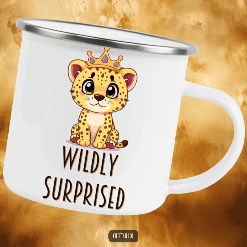 Funny cheetah cub camping mug showing a crowned cub looking surprised with curious eyes, perfect for humorous outdoor activities.