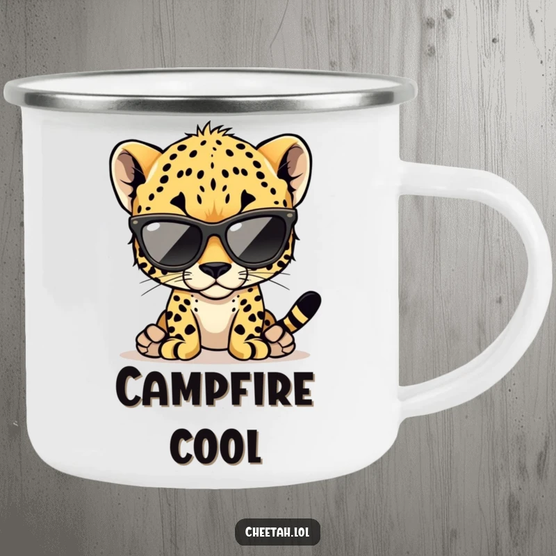Funny cheetah cub camping mug with a cool cub wearing oversized sunglasses, perfect for outdoor enthusiasts.