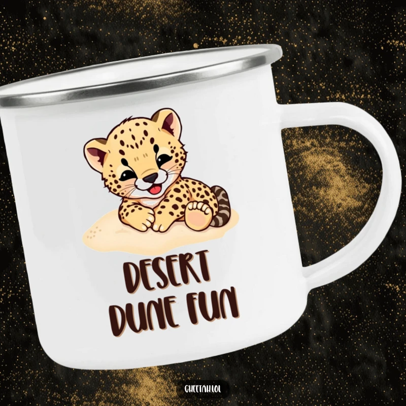 Funny Cheetah Cub Camping Mug: A sturdy mug with a cheetah cub gleefully rolling in sand, perfect for outdoor enjoyment.
