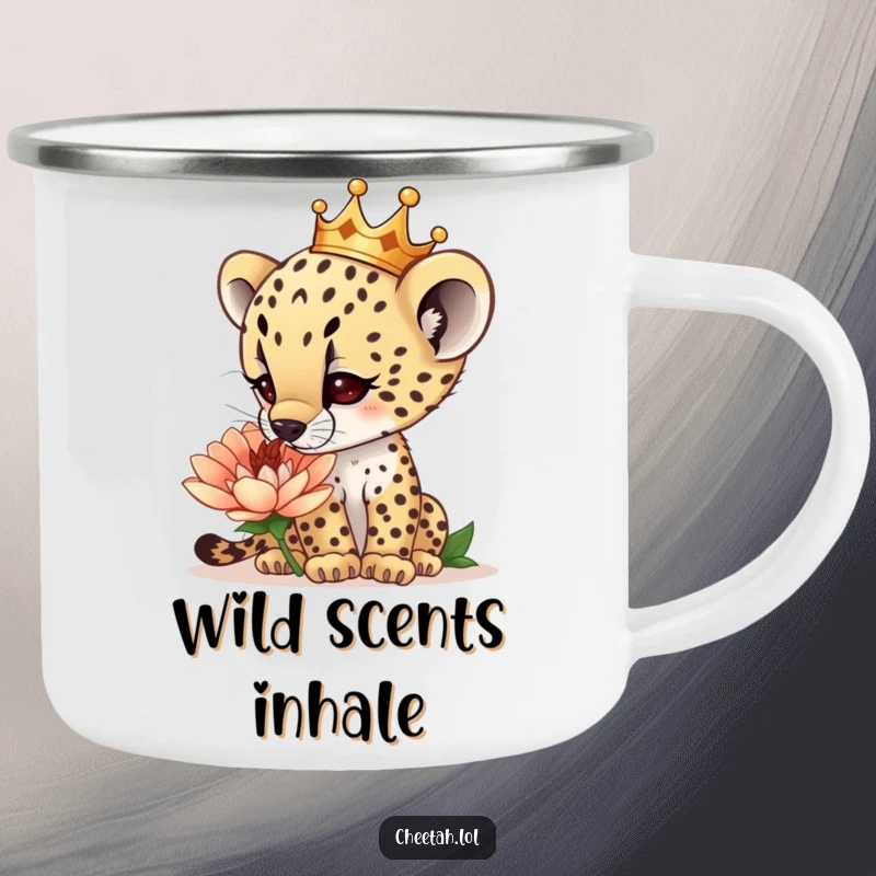 Funny curious cheetah cub wearing a tiny crown, sniffing a giant flower, on a sturdy camping mug, for nature exploration, a funny gift.