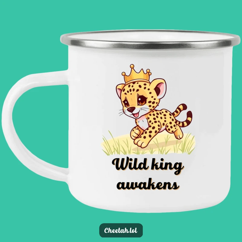 Funny Cheetah Cub Crown Camping Mug: Regal Adventure Drinkware, Perfect Funny Gift