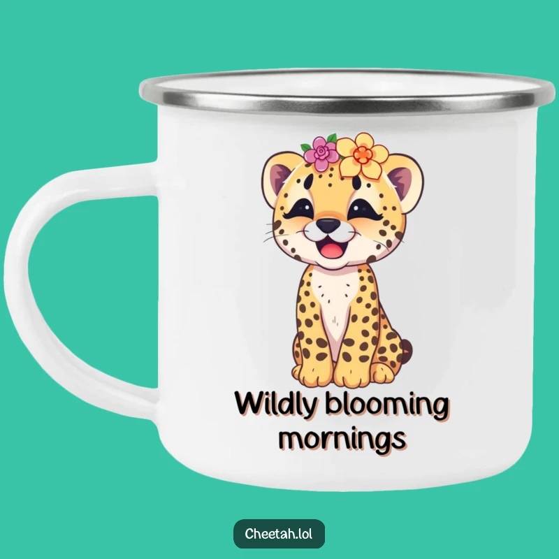 Funny Cheetah Cub Flower Crown Camping Mug: Adventure Giggles Guaranteed