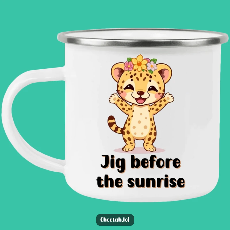 Funny Cheetah Cub Jig Camping Mug - Flower Crown Outdoor Dance