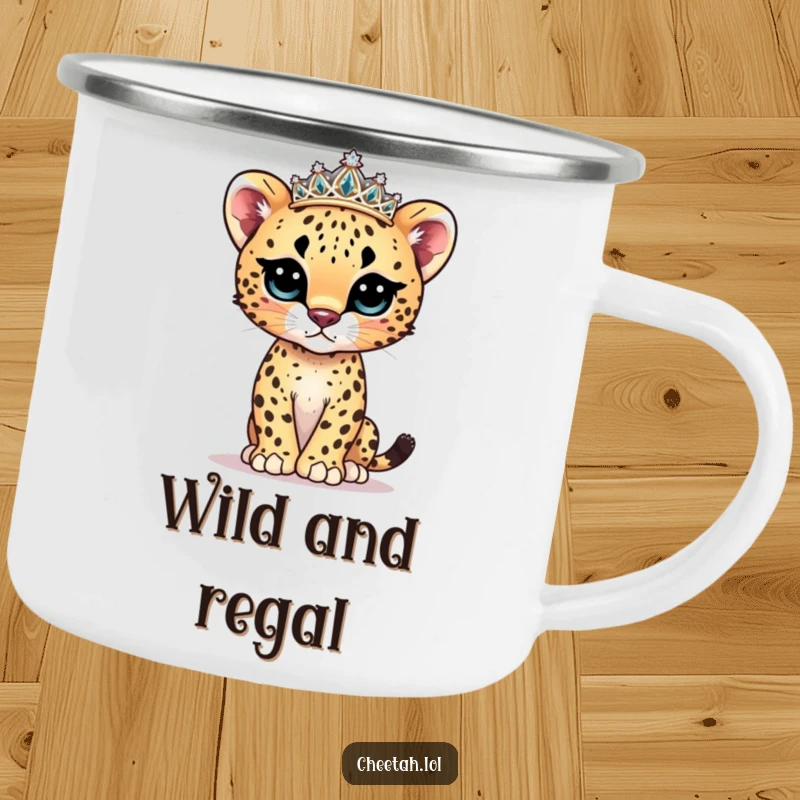 Funny cheetah cub model camping mug showcasing a cute cub in a sparkly tiara, posing ready for adventure.