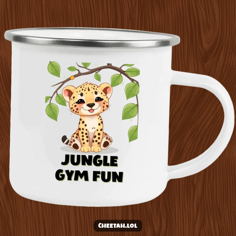 Funny cheetah cub camping mug showing a playful cub batting at a vine, ideal for outdoor enthusiasts who love animals.