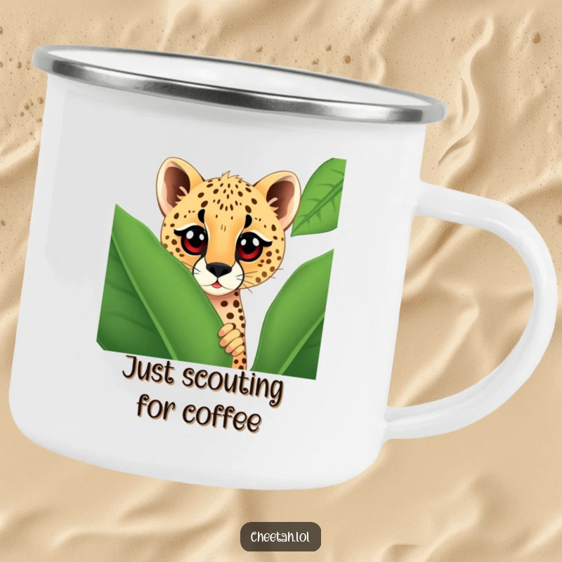 Funny cheetah with large, curious eyes peeking from behind a giant spotted leaf, printed on a durable camping mug for outdoor enjoyment.