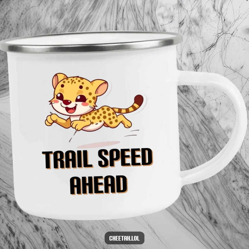 Funny smiling cheetah sprinting with effortless grace on a camping mug, perfect for outdoor enjoyment.