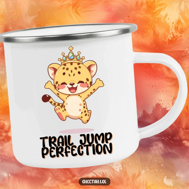 Funny Camping Mug featuring a cheetah cub with a sparkling tiara, caught in a joyful leap, ideal for sipping drinks outdoors with spirited humor.