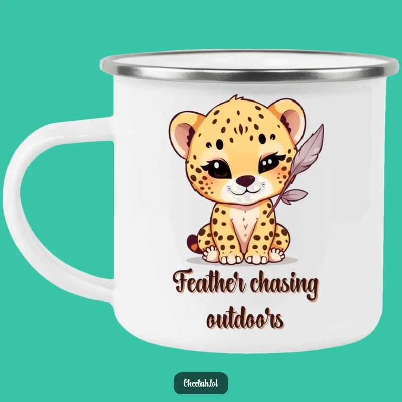 Funny Winking Cheetah Cub Camping Mug: Playful Feather Drinkware, Fun Gift