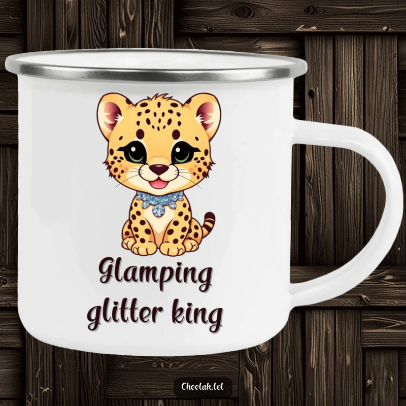 Funny cheetah cub with a playful smirk and glittery collar on a camping mug, celebrating rugged confidence.