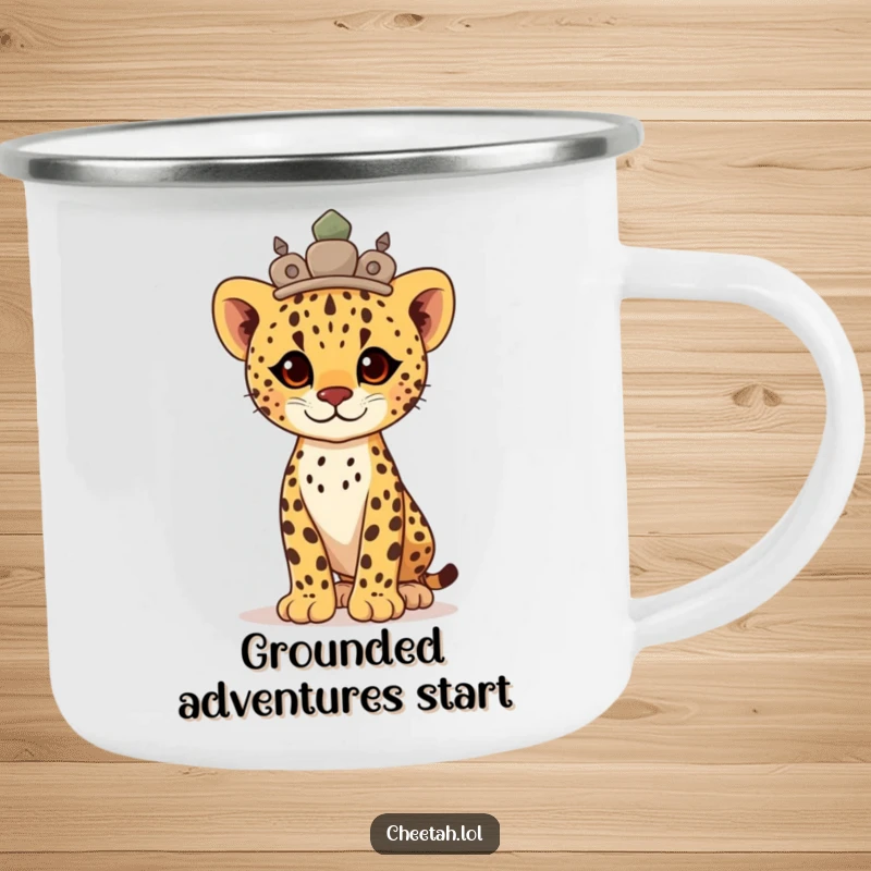 Funny proud cheetah cub wearing a stone crown, standing tall and strong, this camping mug is an adventure gift.