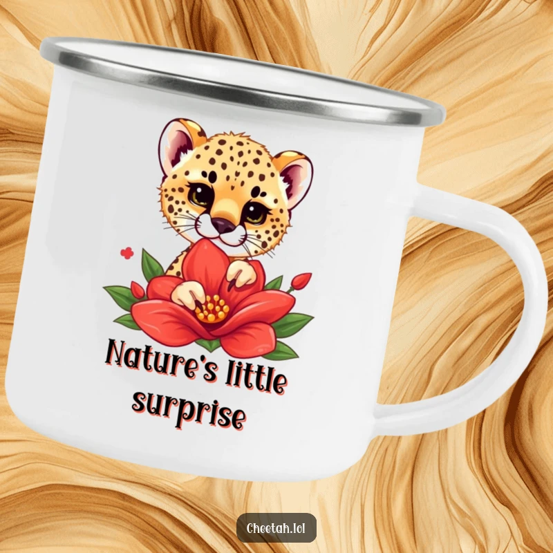 Funny camping mug showing a cheetah cub playfully peeking from behind a red flower, perfect for enjoying beverages outdoors.