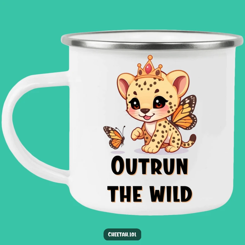 Funny Cheetah Cub Tiara Camping Mug: Regal Chase Drinkware, Perfect Funny Gift