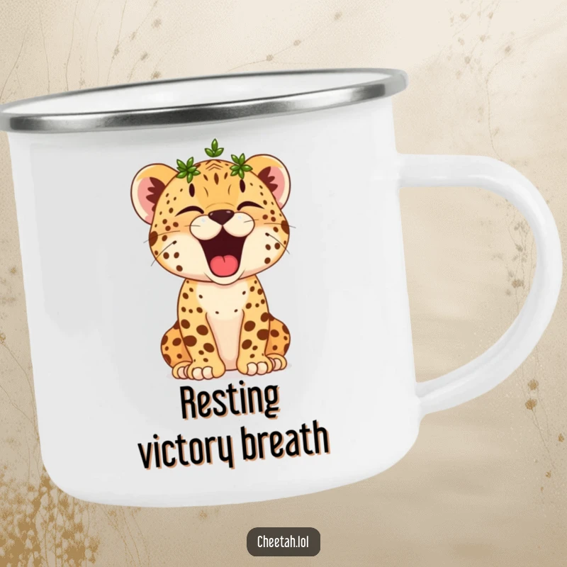 Funny Cheetah Cub Camping Mug: A small crowned cub yawns widely, perfect for enjoying beverages outdoors with sleepy victory.