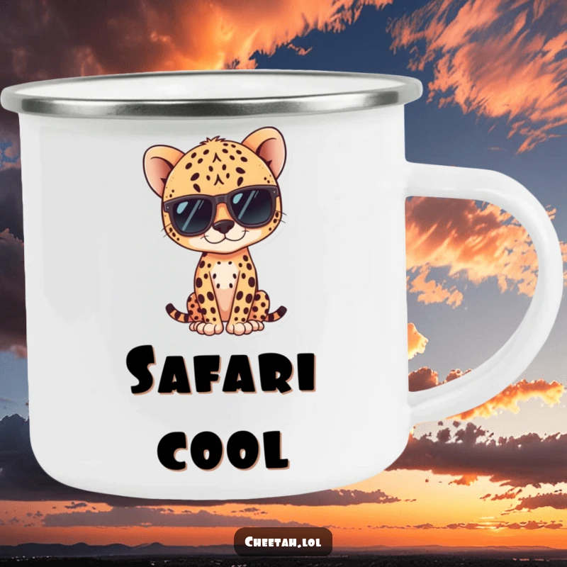 Funny kawaii cheetah wearing sunglasses, posing coolly on a camping mug, perfect for outdoor enjoyment.