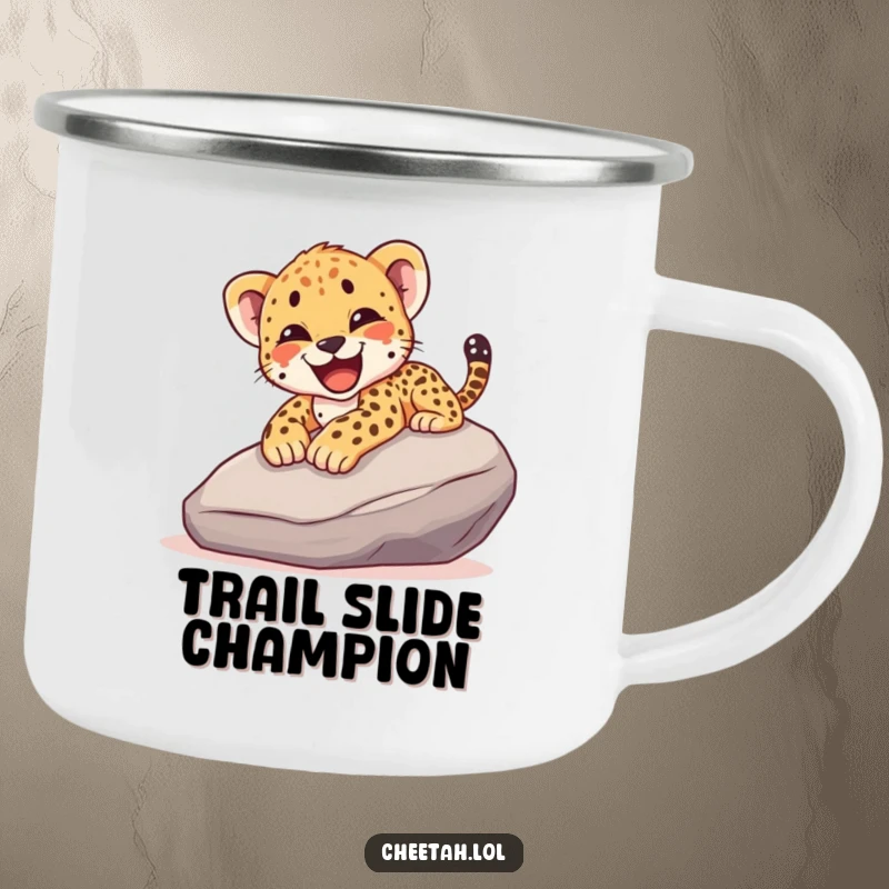 Funny camping mug showing a cheetah cub gleefully sliding down a rock with a happy yelp, perfect for outdoor enjoyment.